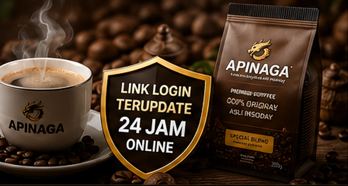 Kemasan Apinaga Coffee bersama cangkir kopi dan biji kopi