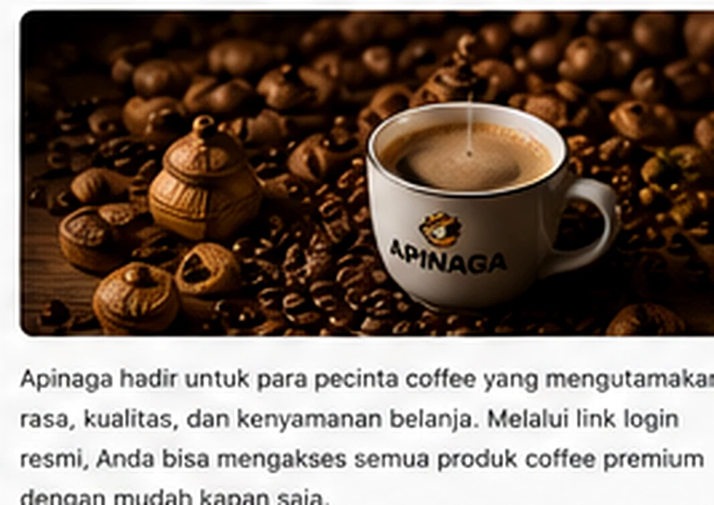 Kemasan Apinaga coffee bersama cangkir kopi dan alat seduh